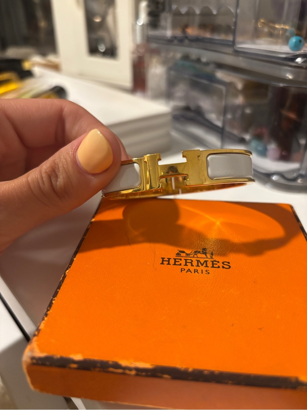 Hermes White and Gold Enamel Clic H Bracelet